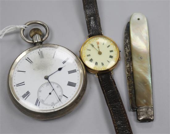 A silver pocket watch, a 9ct gold wrist watch and a George IV silver fruit knife.
